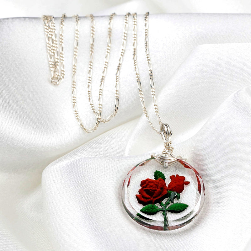 Frosted rose glass pendant chain - 925 sterling silver 3D symbolic jewelry - K925-47