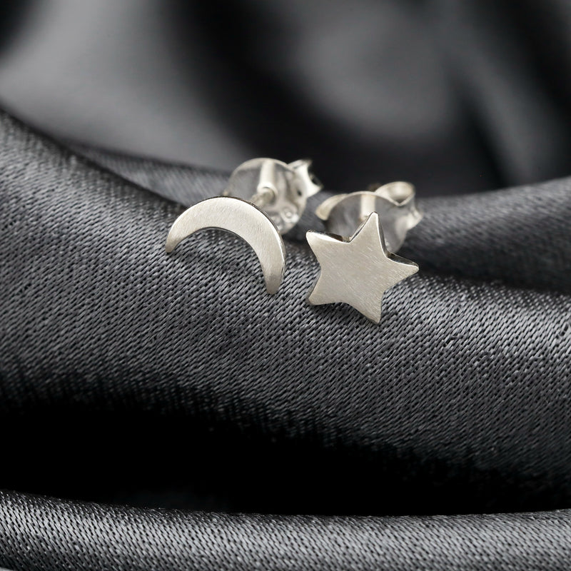 Moon Star Mini Stud Earrings - 925 Sterling Silver Minimalist Sky Objects Earrings - Ear925-61