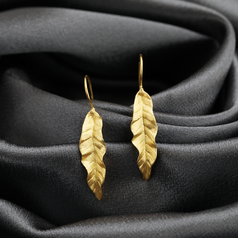 Long Leaves Earrings 925 Sterling Gold Plated Nature Jewelry Gift Idea - Ear925-108