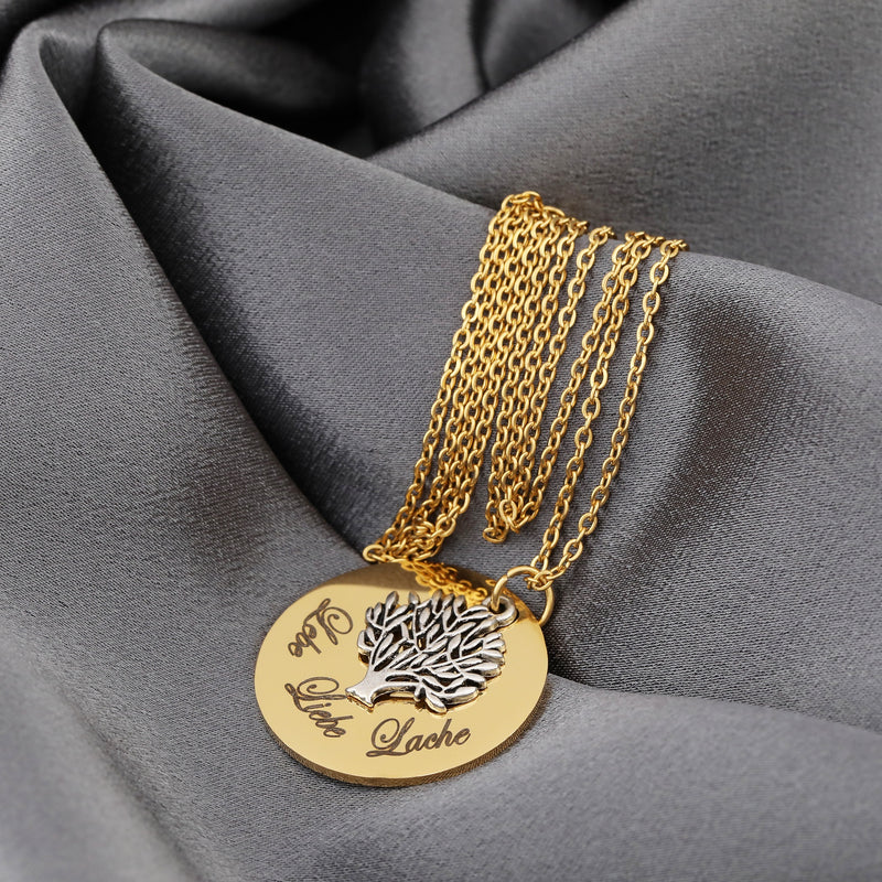 Vergoldete Edelstahl Kette mit Gravuranhänger und silbernem Baumanhänger - Inspirierende Inschrift "Lebe Liebe Lache" - VIK-88