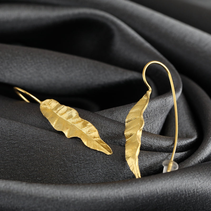 Long Leaves Earrings 925 Sterling Gold Plated Nature Jewelry Gift Idea - Ear925-108