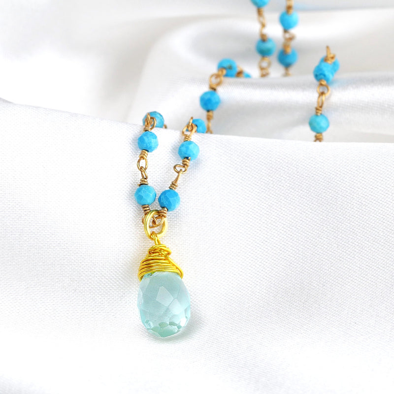 Chalcedon Drops Gold Necklace-Gold Plated Blue Gemstone Rondellen Elegant Necklace