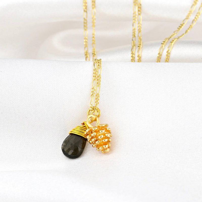 925 Moldavit & pine cones Sterling gilded gemstone chain - K925-56