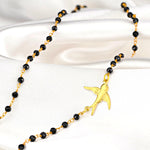 Onyx Swallow Gold Pendant Necklace-Gold-plated Bird Black Gemstone Rondelle Necklace-VIK-04