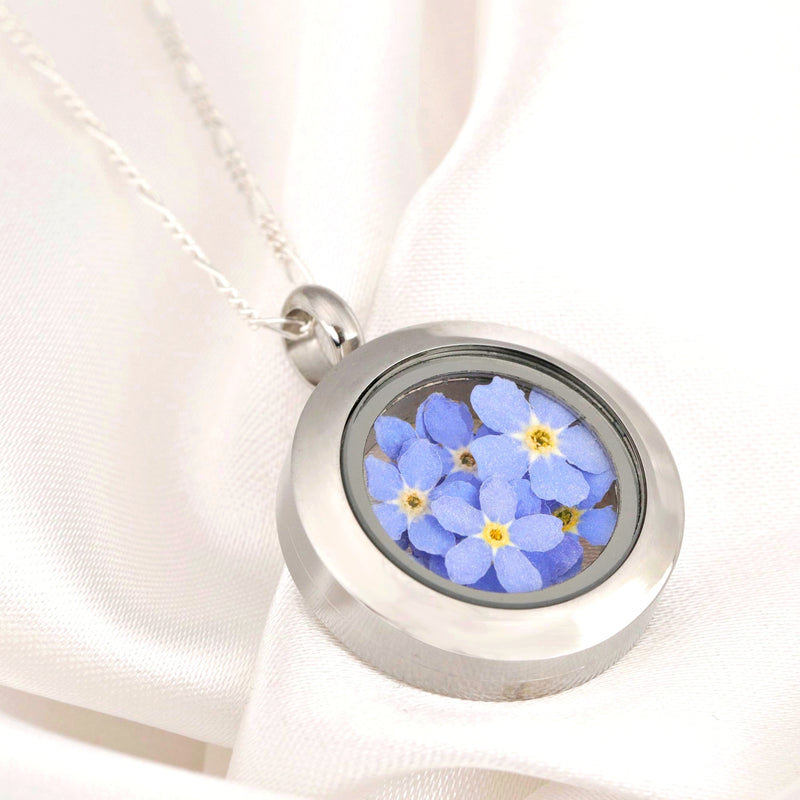 Vergissmeinnon-Blüten Medaillon-Glasmedaillon mit Echten Blüten 925 Sterling Silver Necklace-K925-134