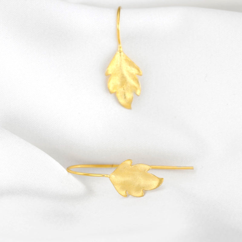 Autumn Leaves Gold Earrings - 925 Sterling Gold Plated Matt Leaf 3D Earrings - Ear925-34