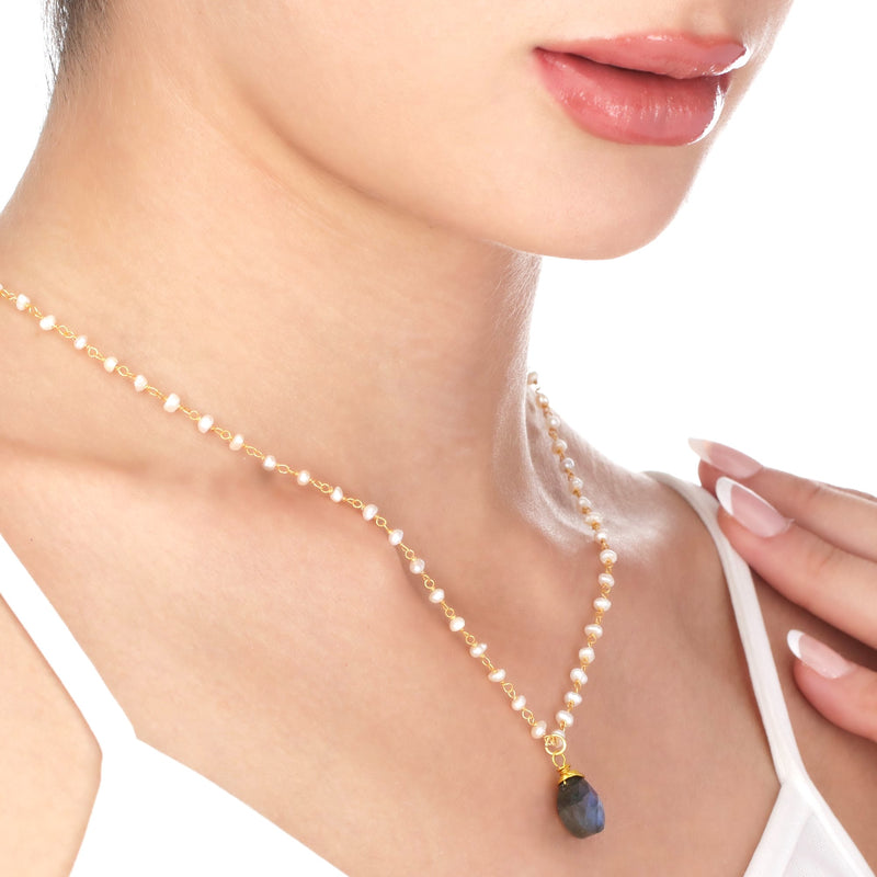 Chalcedon Drops Gold Necklace-Gold Plated Blue Gemstone Rondellen Elegant Necklace