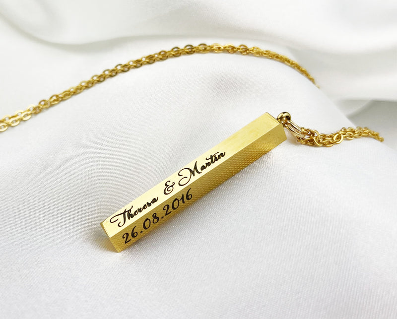 3D Bar Necklace with Engraving - Personalized Necklace / Gold, Silver or Rose Gold VIK-109