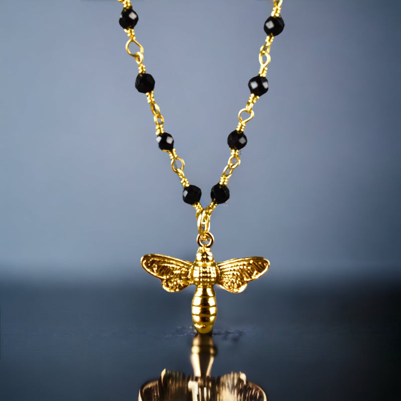 Gold Hummel Necklace with Onyx-gemstone necklace with petite bee pendant-VIK-03