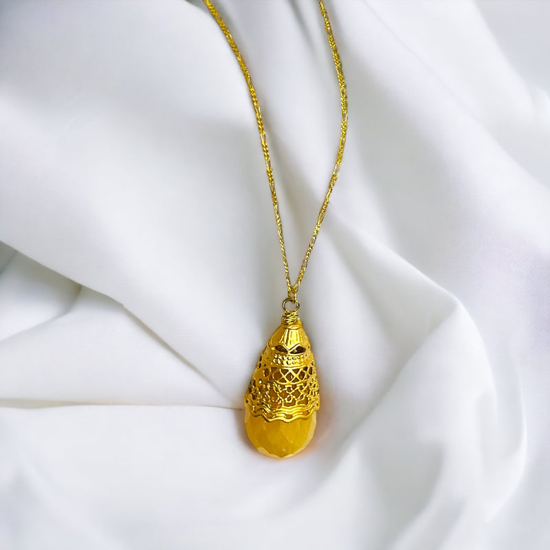 Gelbe Achat Tropfenperle mit orientalischer Perlenkappe an 925 Sterling Silber Gold vergoldeter 70cm langer Kette - Einzigartiges orientalisches Schmuckstück - K925-53