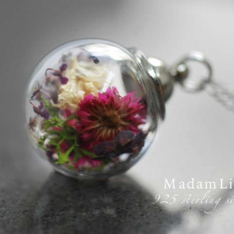 Floral glass ball pendant with real flowers - 925 Sterling silver wildflowers necklace - K925-78