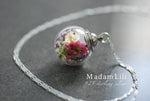 Floral glass ball pendant with real flowers - 925 Sterling silver wildflowers necklace - K925-78