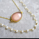 Rose Quartz Moonstone Jewelry Set - 925 Sterling Gold Gold Plated Gem Necklaces Set - Set-14