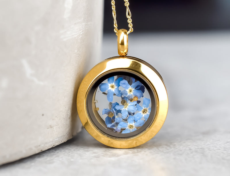 Forget-me-not Medallion - Glass Pendant Genuine Flowers 925 Sterling Gold Plated Chain - K925-70