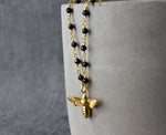 Gold Hummel Necklace with Onyx-gemstone necklace with petite bee pendant-VIK-03