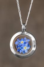 Vergissmeinnon-Blüten Medaillon-Glasmedaillon mit Echten Blüten 925 Sterling Silver Necklace-K925-134