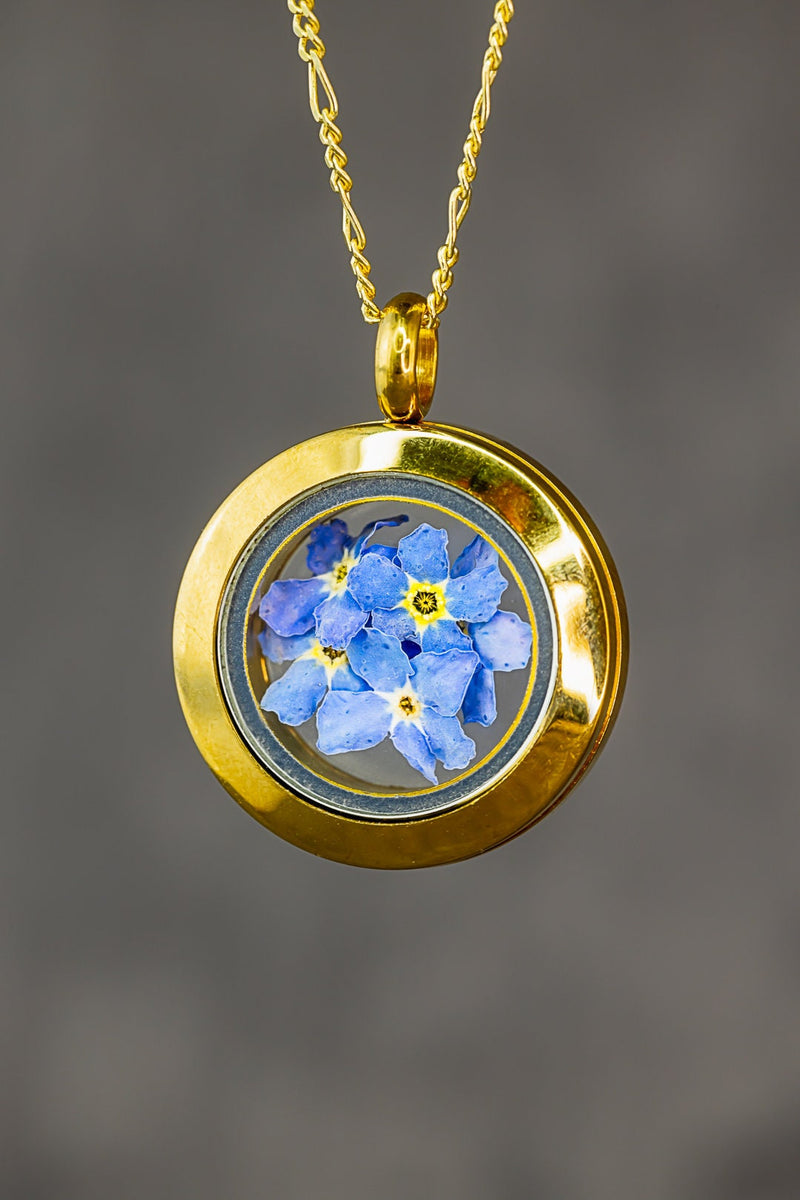 Forget-me-not Medallion - Glass Pendant Genuine Flowers 925 Sterling Gold Plated Chain - K925-70