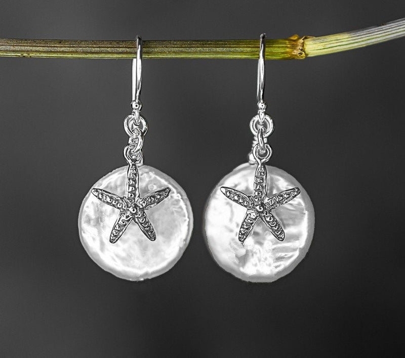 Sea stars Pearl hat Earrings- ornamental silver Luxury Minimalist jewellery White Feminine Earrings- OHR925-56
