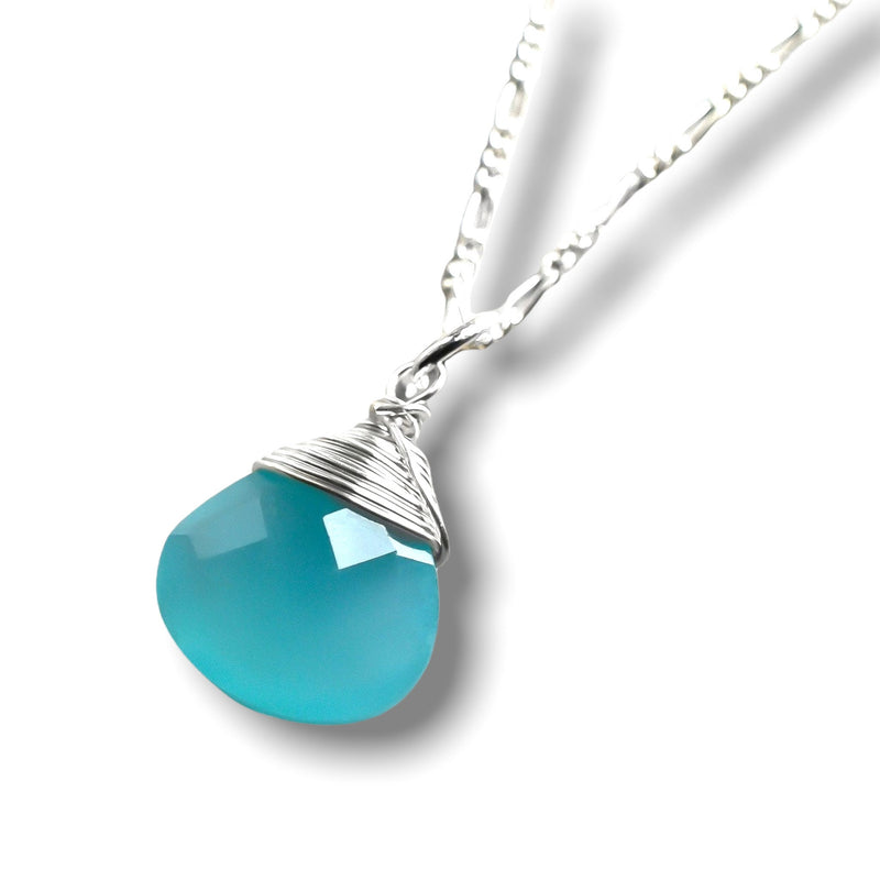 Chalcedon Drop Silver Chain - 925 Sterling Silver Blue Crystal Gem Necklace - K925-69