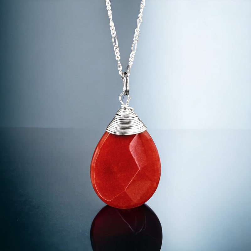 Jade drops Silver chain - 925 Sterling pomegranate Crystal Red gemstone necklace - K925-42