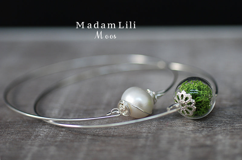 Islandmoos & genuine freshwater pearl bangles in a double pack - silver plated - handmade
