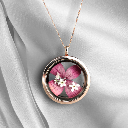 Hydrangea and forget-me-blossoms 925 Sterling Rosegold Gilded medallion chain