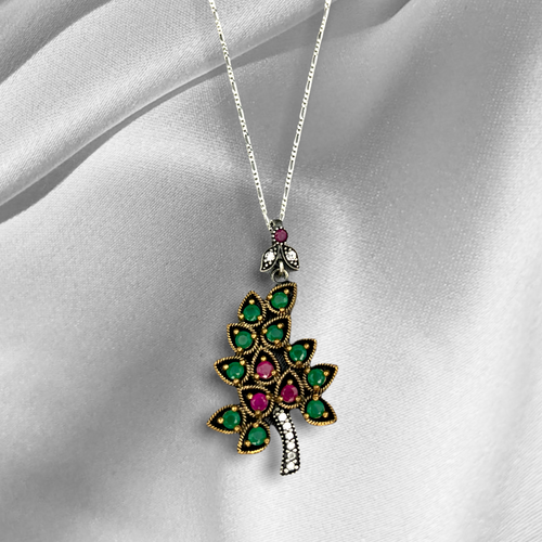 925 Blessing Tree Sterling Silver Gemstone Chain with Tourmaline, Aventurine and Cubic Zirconia - K925-100