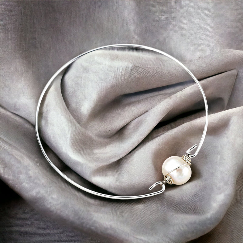 Sweet water pearl bangle - silvered natural pearl wire maritim minimalist jewelry - Retremm-29